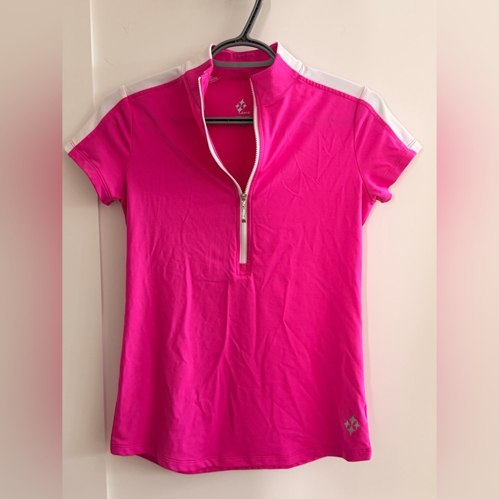 Jofit Hot Pink Short Sleeve Zip-Front Active Top with White Trim